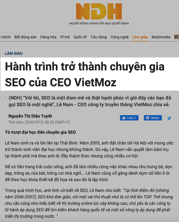 Báo nguoidonghanh nói về chuyên gia SEO Lê Nam